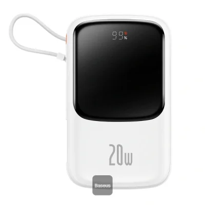 Baterie externa Baseus Qpow Pro Digital Display, 10000mAh, 20W, 1 x cablu integrat Iphone Lightning output, 1 x USB, 1 x USB Type-C, alb
