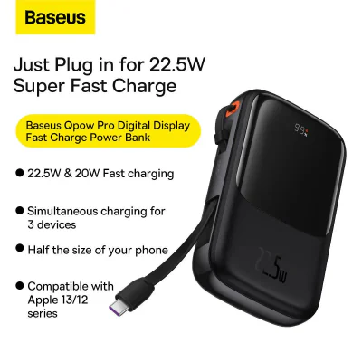 POWER BANK Baseus Qpow Pro Digital Display, 10000mAh, 22.5W, 1 x cablu integrat USB Type-C output/input, 1 x USB, 1 x Lightning, alb "PPQD060102" - 6932172620592