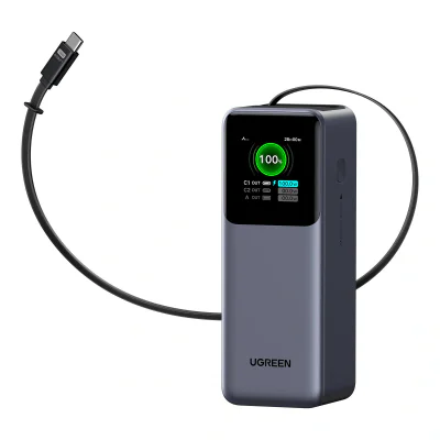 POWER BANK Ugreen "PB726", 20000mAh, 165W PD3.0, 1 x USB, 2 x USB Type-C, 1 x USB Type-C cablu integrat, display, gri, "55987B"