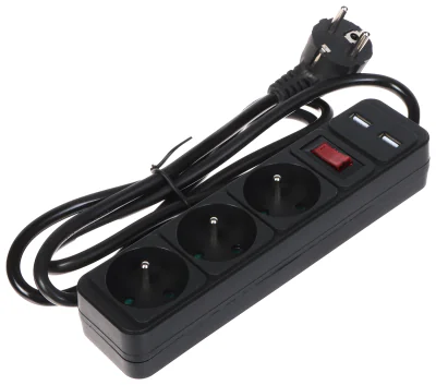Prelungitor BLOW PR-1.5M-3G-SW/USB/B, 3 prize + 2 USB, 1,3 m, cu întrerupător, negru