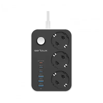 Prelungitor cu protectie Serioux SRXP-PS36B, 3 prize schuko Tensiune intrare: 100-240V, 50-60Hz Tensiune ieşire (total): 2500W – 10A 6 porturi USB (auto max): 15.5W USB-C2/C3/A1/A2/A3 - 12W USB-C1-20W Amperaj port USB (max): 3.4A Funcţie auto ID