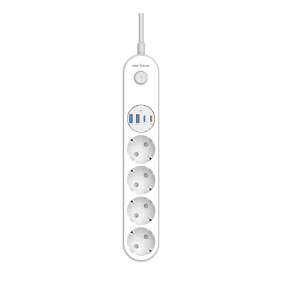 Prelungitor cu protectie Serioux SRXP-PS44W, 4 prize schuko, Tensiune intrare: 100-240V, 50-60Hz, Tensiune ieşire (total): 2500W-10A, 4 porturi USB (auto max), USB-C1-20W si USB-C2/A1/A2-12W, Amperaj port USB (max): 3.4A, Funcţie auto ID