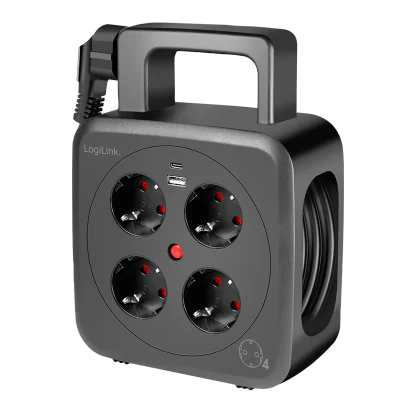 PRELUNGITOR LOGILINK, Schuko x 4, conectare prin Schuko (T), 16 A, 1xUSB-A, 1xUSB-C, comutator oprire termica, cablu 5m tip bobina, protectie IP20, negru, "LPS504"