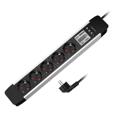 PRELUNGITOR LOGILINK, Schuko x 5, cablu 3G 1.5mm2, 230 V/16 A, 50 Hz, max. 3500 W, LCD consum, butoane: Power, Q, CO2, Reset, 1.4m, negru-argintiu, "LPS286"