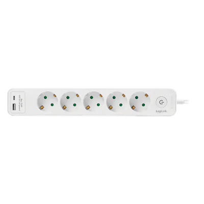 PRELUNGITOR LOGILINK, Schuko x 5, conectare prin Schuko (T), ON/OFF, 16 A, 1xUSB-A, 1xUSB-C, cablu 1.5m, protectie IP20, alb, "LPS280U"