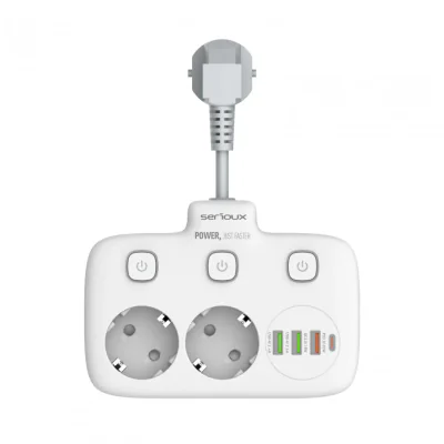 Prelungitor tip priza cu  protectie Serioux Quick Charge 3.0, parametri nominali: 2500W-10A(Max) 250V, Intrare: AC100-250V 10A 50/60HZ , Ieșire PD: 5V=3A 9V=2.22A 12V=1.67A 20W (MAX), Ieșire QC: 5V-3A 9V=2A 12V=1.5A 18W (MAX) , Ieșire Auto-ID: 5V-2.4