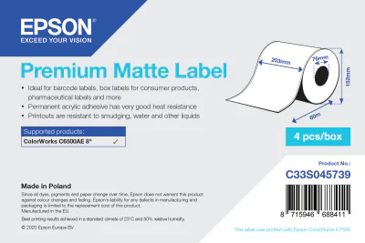 PREMIUM MATTE LABEL CONTINUOUS/ROLL 203MMX60M