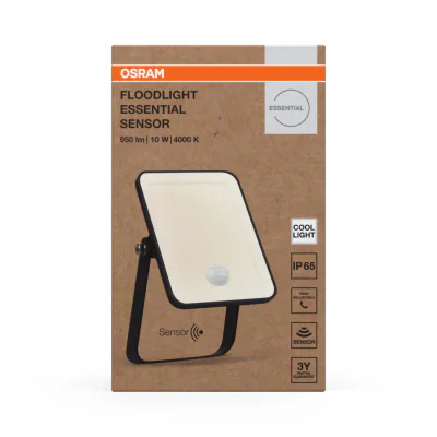 Proiector LED cu senzor de miscare si lumina OSRAM FLOODLIGHT ESSENTIAL, 10W, 220-240V, 900 lm, lumina neutra(4000K), IP65,13.2x3.3x8.3cm, aluminiu, Negru