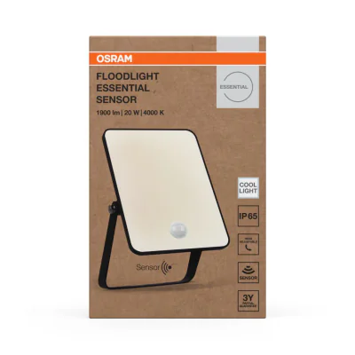 Proiector LED cu senzor de miscare si lumina OSRAM FLOODLIGHT ESSENTIAL, 20W, 220-240V, 1800 lm, lumina neutra(4000K), IP65,17.3x2.8x11.1cm, aluminiu, Negru