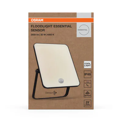 Proiector LED cu senzor de miscare si lumina OSRAM FLOODLIGHT ESSENTIAL, 30W, 220-240V, 2700 lm, lumina neutra(4000K), IP65,18.6x2.8x12.8cm, aluminiu, Negru