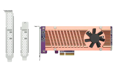 Qnap Dual M.2 22110/2280 PCIe NVMe SSD expansion card Connector: 2 x M.2 22110 or 2280 PCIe (Gen3 x 4) NVMe SSD slots PCIe and Lanes: PCIe Gen3 x 4 Bracket: Low-profile (default). Low- profile flat and Full-height brackets are also included.