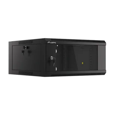 Rack de perete Lanberg 19", 4U, 600 mm, asamblare rapidă, ușă din sticlă securizată, negru