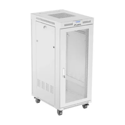 Rack de podea Lanberg 19" 27U 600x800, ușă cu plasă și panou LCD, gri