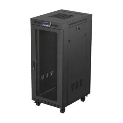 Rack de podea Lanberg 19" 27U 600x800 V2, ușă cu plasă și panou LCD, negru
