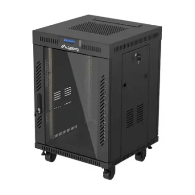 Rack de podea Lanberg 19 inch 15U/600x600 V2, ușă din sticlă cu panou LCD, negru