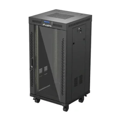 Rack de podea Lanberg 19 inch, 22U, 600x600mm, ușă frontală din sticlă, panou LCD, negru, V2