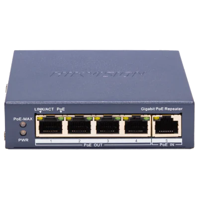 Repetor PoE Hikvision DS-3E0505P-E/R: 5 × 10/100 Mbps PoE PoE RJ45 port, 4 porturi PoE maxim 30W, buget PoE 60W, dimensiuni: 105.00 mm × 27.6 mm × 83.1 mm, greutate: 0.25kg, montare pe birou sau pe perete.