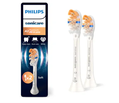 Rezerve PHILIPS Sonicare A3 Premium All in One HX9092/87, Pachet de 2 capete de periere standard, Sincronizarea modurilor BrushSync,  Alb, L x A x I (mm) 25.7x60x230.5