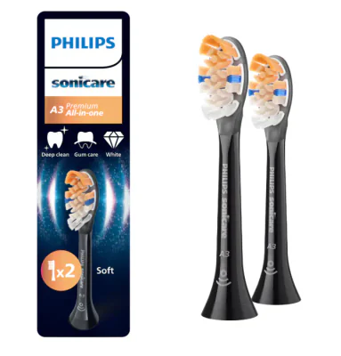 Rezerve PHILIPS Sonicare A3 Premium All in One HX9092/88, Pachet de 2 capete de periere standard, Sincronizarea modurilor BrushSync,  Negru, L x A x I (mm) 25.7x60x230.5