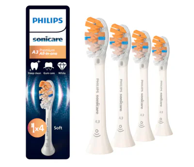 Rezerve PHILIPS Sonicare A3 Premium All in One HX9094/87, Pachet de 4 capete de periere standard, Sincronizarea modurilor BrushSync,  Alb, L x A x I (mm) 25.7x60x230.5