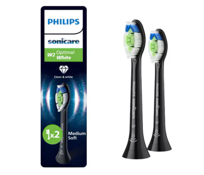Rezerve PHILIPS Sonicare Optimal White HX6062/88, Pachet de 2 capete de periere, Standard, Click-on, Sincronizarea modurilor BrushSync, Negru, L x A x I (mm) 60x25.7x230.5