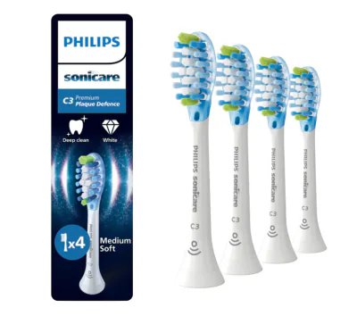Rezerve PHILIPS Sonicare Plaque Defence HX9044/87, Pachet de 4 capete de periere, Standard, Click-on, Sincronizarea modurilor BrushSync, Alb, L x A x I (mm) 60x25.7x230.5