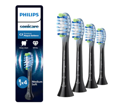 Rezerve PHILIPS Sonicare Plaque Defence HX9044/88, Pachet de 4 capete de periere, Standard, Click-on, Sincronizarea modurilor BrushSync, Negru, L x A x I (mm) 60x25.7x230.5