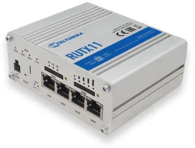Router industrial IP Teltonika RUTX11, Dual SIM, WiFi, antene 2x SMA pentru LTE, 2x RP-SMA pentru WiFi, 1x RP-SMA pentru Bluetooth, 1x SMA pentru GNSS, GPS, 4x porturi RJ45, 10/100/1000 Mbps, modul mobil 4G (LTE) - Cat 6 pana la 300 Mbps, 3G pana la 