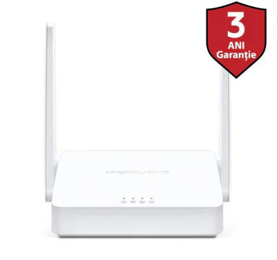Router Wireless Mercusys N 300 Mbps, MW301R; Standarde Wireless: IEEE 802.11n, IEEE 802.11g, IEEE 802.11b, Frecventa: 2.4 - 2.4835GHz, Rata semnal: 11n: Up to 300Mbp, 11g: Up to 54Mbps, 11b: Up to 11Mbps, Interfata: 2 10/100Mbps LAN, 1 10/100Mbps WAN