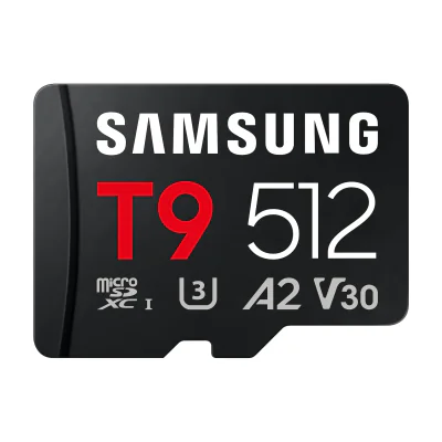 Samsung T9 microSD card, 512 GB, MicroSDHC, UHS-I, 200 MB/s, 130 MB/s, Class 3 (U3)