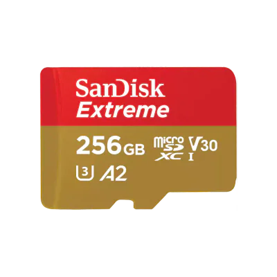 SanDisk Extreme. Capacity: 256 GB, Flash card type: MicroSDXC, Flash memory class: Class 10, Internal memory type: UHS-I, Read speed: 190 MB/s, Write speed: 130 MB/s, UHS Speed Class: Class 3 (U3), Video Speed Class: V30. Product colour: Gold, Red