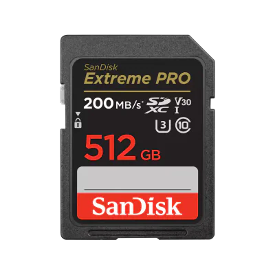 SanDisk Extreme PRO. Capacity: 512 GB, Flash card type: SDXC, Flash memory class: Class 10, Read speed: 200 MB/s, Write speed: 140 MB/s, UHS Speed Class: Class 3 (U3), Video Speed Class: V30. Protection features: Shock resistant, Waterproof, X-ray pr