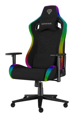 Scaun gaming Genesis TRIT 660, material textil, iluminare RGB, reglabil pe inaltime, greutate maxima suportata 150 kg, inaltime scaun reglabil 45 - 52 cm, spatar ajustabil 160°, dimensiuni roti 60mm,  echipat cu piston cu gaz clasa 4, manere 2D, negr