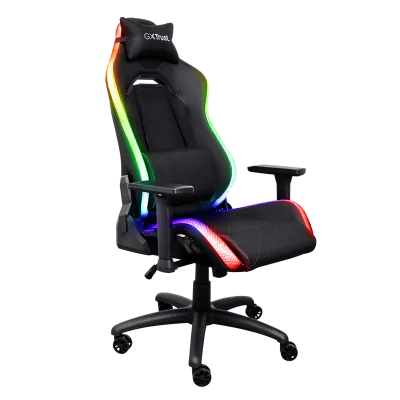 Scaun gaming Trust GXT 719 Ruya, iluminare RGB, 5 roti, ridicare pe gaz clasa 4, adjustabil pe inaltime, material piele PU si plastic, greutate maxima suportata 150 kg, negru