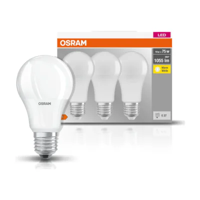3 Becuri LED Osram Base Classic A, E27, 10W (75W), 1055 lm, luminacalda(2700K)