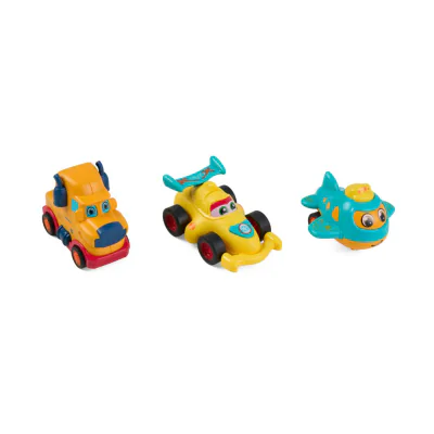 SET 3 VEHICULE ACTIONATE PRIN INERTIE- CAMION GALBEN, MASINA DE CURSE GALBENA, AVION ALBASTRU,MOMKI