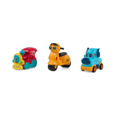 SET 3 VEHICULE ACTIONATE PRIN INERTIE- MASINUTA ALBASTRA, TREN ROSU, SCUTER GALBEN,MOMKI