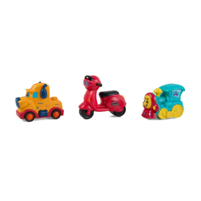 SET 3 VEHICULE ACTIONATE PRIN INERTIE- MASINUTA GALBENA, SCUTER ROSU, TREN ALBASTRU, MOMKI