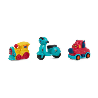 SET 3 VEHICULE ACTIONATE PRIN INERTIE- MASINUTA ROSIE, TREN GALBEN, SCUTER ALBASTRU,MOMKI