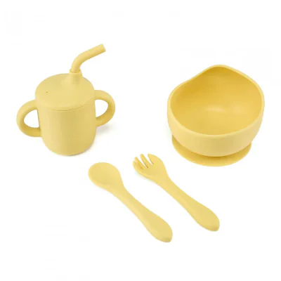 Set 4 piese diversificare din silicon: Cana cu pai, bol , lingurita si furculita, galben, U-Grow