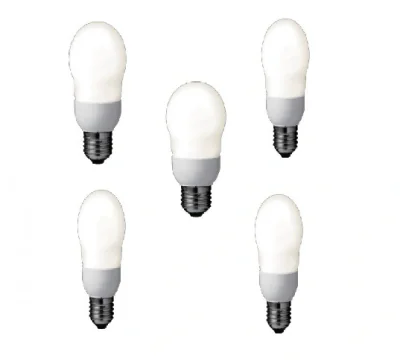 SET 5 becuri fluorescent Panasonic, soclu E27, putere 8W, forma oval, lumina alb calda, alimentare 220 - 240 V, "EFA8E27HD-5"