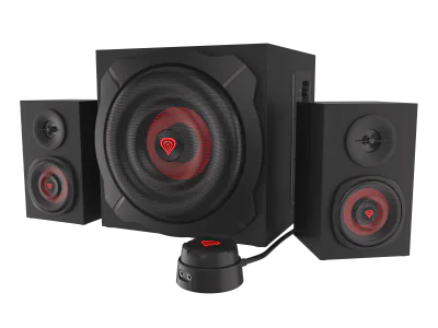 Sistem audio 2.1 Genesis HELIUM 610BT, putere maxima RMS 60W, frecventa raspuns 40 - 20000 Hz, conectivitate mini jach, bluetooth 4.2, material lemn, negru/rosu