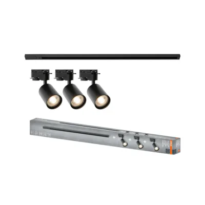 Sistem complet TRACKLIGHT OSRAM Elemental cu 3 proiectoare cu soclu GU10 si 1 sina monofazata de 1 metru, Negru