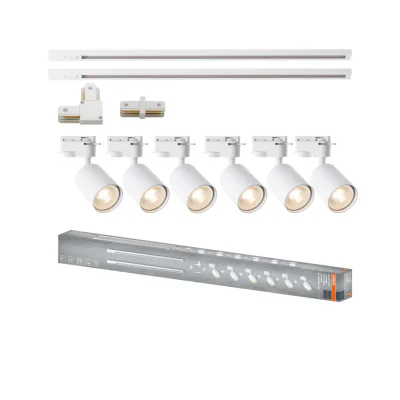 Sistem complet TRACKLIGHT OSRAM Elemental cu 6 proiectoare cu soclu GU10 si 2 sine monofazate de 1 metru, 1 conector liniar, 1 conector tip L, Alb