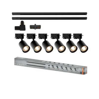 Sistem complet TRACKLIGHT OSRAM Elemental cu 6 proiectoare cu soclu GU10 si 2 sine monofazate de 1 metru, 1 conector liniar, 1 conector tip L, Negru