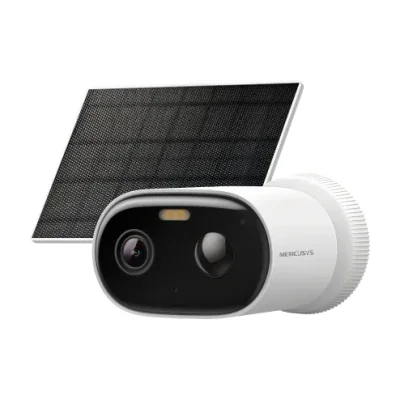 Solar-Power Security Camera Kit SPEC: 2K Resolution (2304×1296), Bullet Camera, Built-in Microphone and Speaker, Color Night Vision, 2.4 GHz & 5 GHz Wi-Fi, 5 W Max Charging Power, IP65 FEATURE: MERCUSYS APP, Smart Detection and Notifications (Motion 