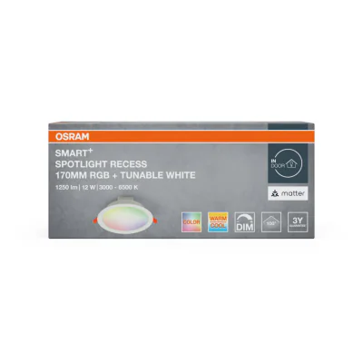 Spot LED RGB incastrat OSRAM SMART+ MATTER 100°, 12W, 1250 lm, lumina alba si color(3000-6500K), IP20/IK03, Ø170mm, Alb