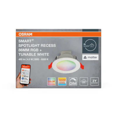 Spot LED RGB incastrat OSRAM SMART+ MATTER 100°, 4.5W, 450 lm, lumina alba si color(3000-6500K), IP20/IK03, Ø86mm, Alb