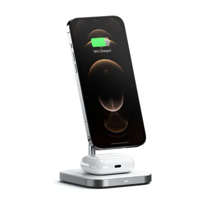 Stand de încărcare wireless magnetic Satechi 2 în 1 din aluminiu pentru iPhone și AirPods, White