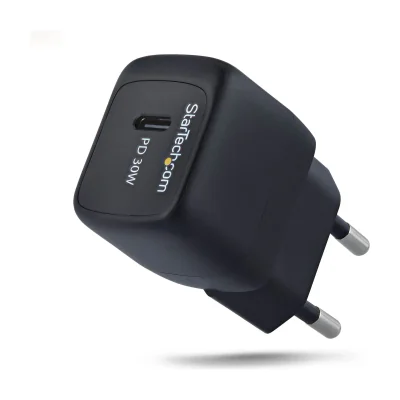 StarTech.com 30W USB‑C Wall Charger, Portable GaN Charger with USB Power Delivery Fast Charging, GaN 5V/9V/15/20V PD, USB-C Charger, Black, Indoor, AC, 20 V, 3 A, Black
